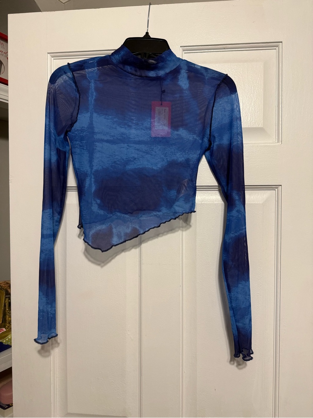NWT Edikted Blue Tie-Dye Sheer Mock Neck Asymmetric Crop Top - Navy & Cobalt. XS